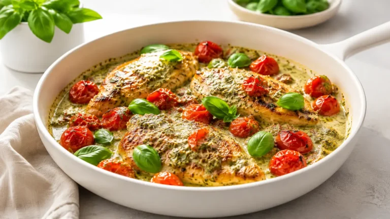 Creamy Pesto Chicken with Roasted Cherry Tomatoes