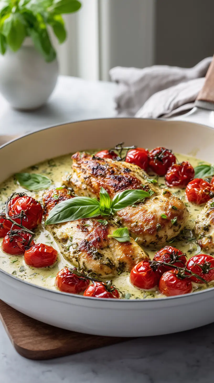 Creamy Pesto Chicken with Roasted Cherry Tomatoes