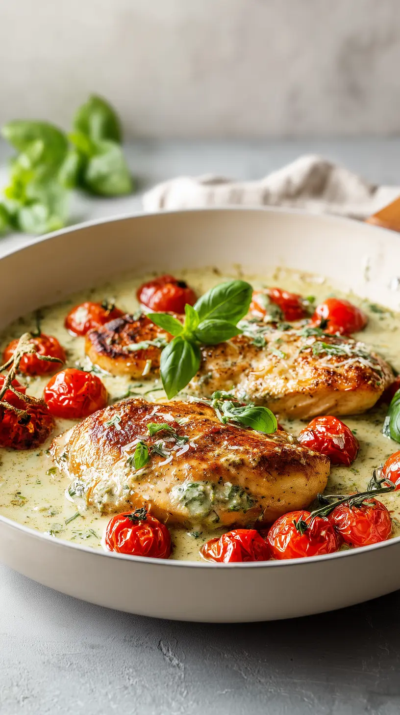 Creamy Pesto Chicken with Roasted Cherry Tomatoes
