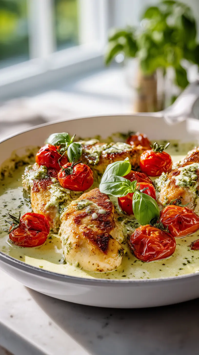 Creamy Pesto Chicken with Roasted Cherry Tomatoes
