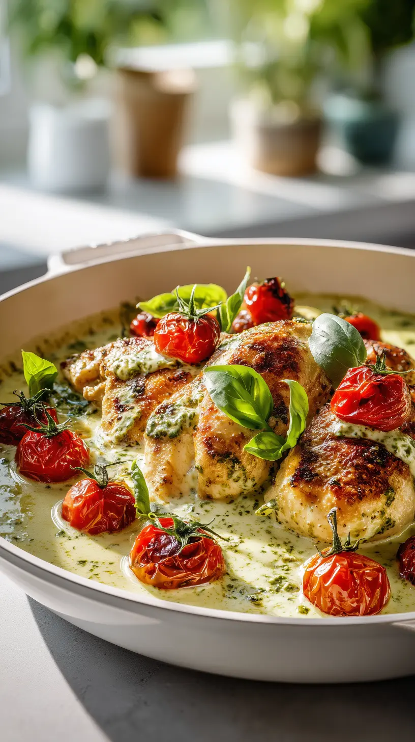 Creamy Pesto Chicken with Roasted Cherry Tomatoes