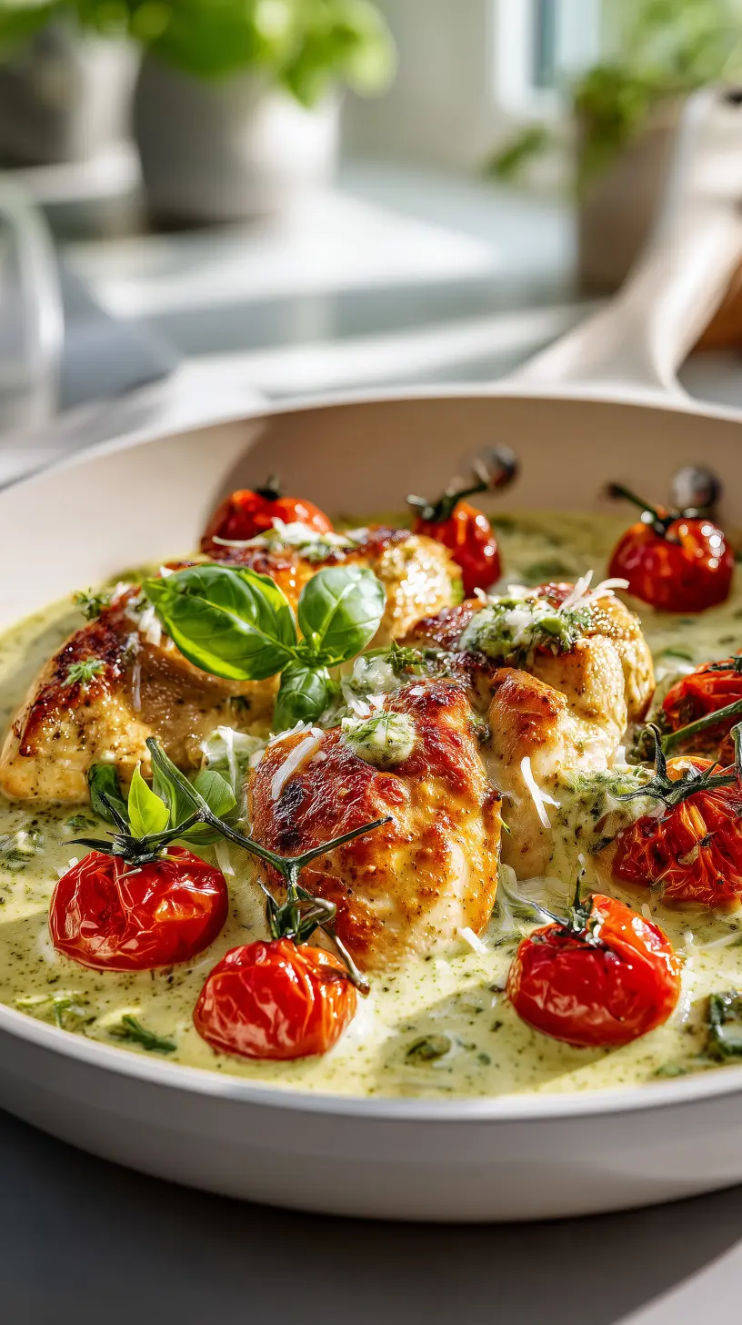 Creamy Pesto Chicken with Roasted Cherry Tomatoes