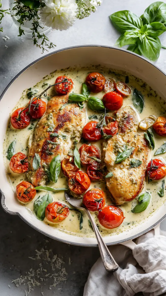 Creamy Pesto Chicken with Roasted Cherry Tomatoes