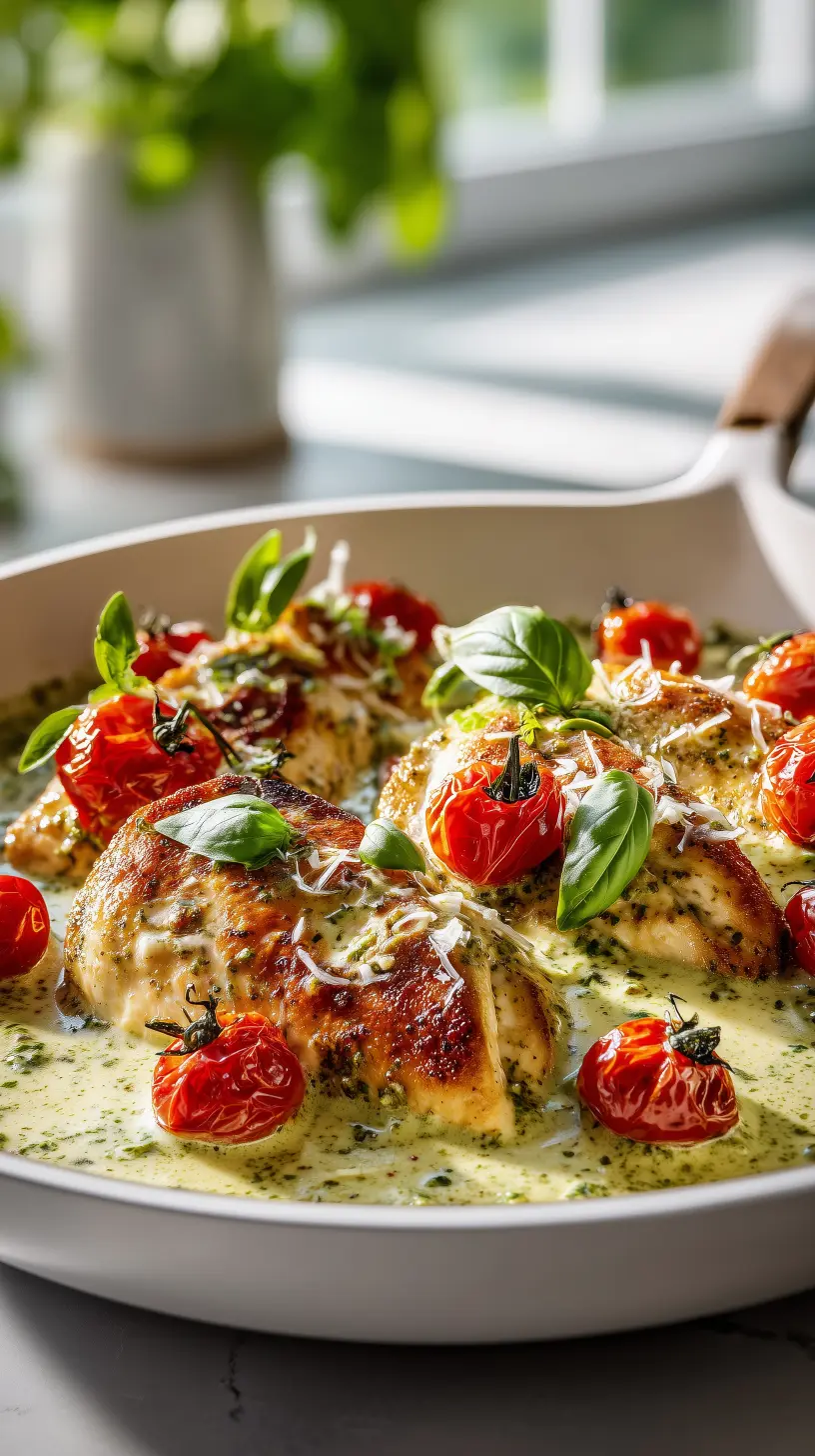 Creamy Pesto Chicken with Roasted Cherry Tomatoes